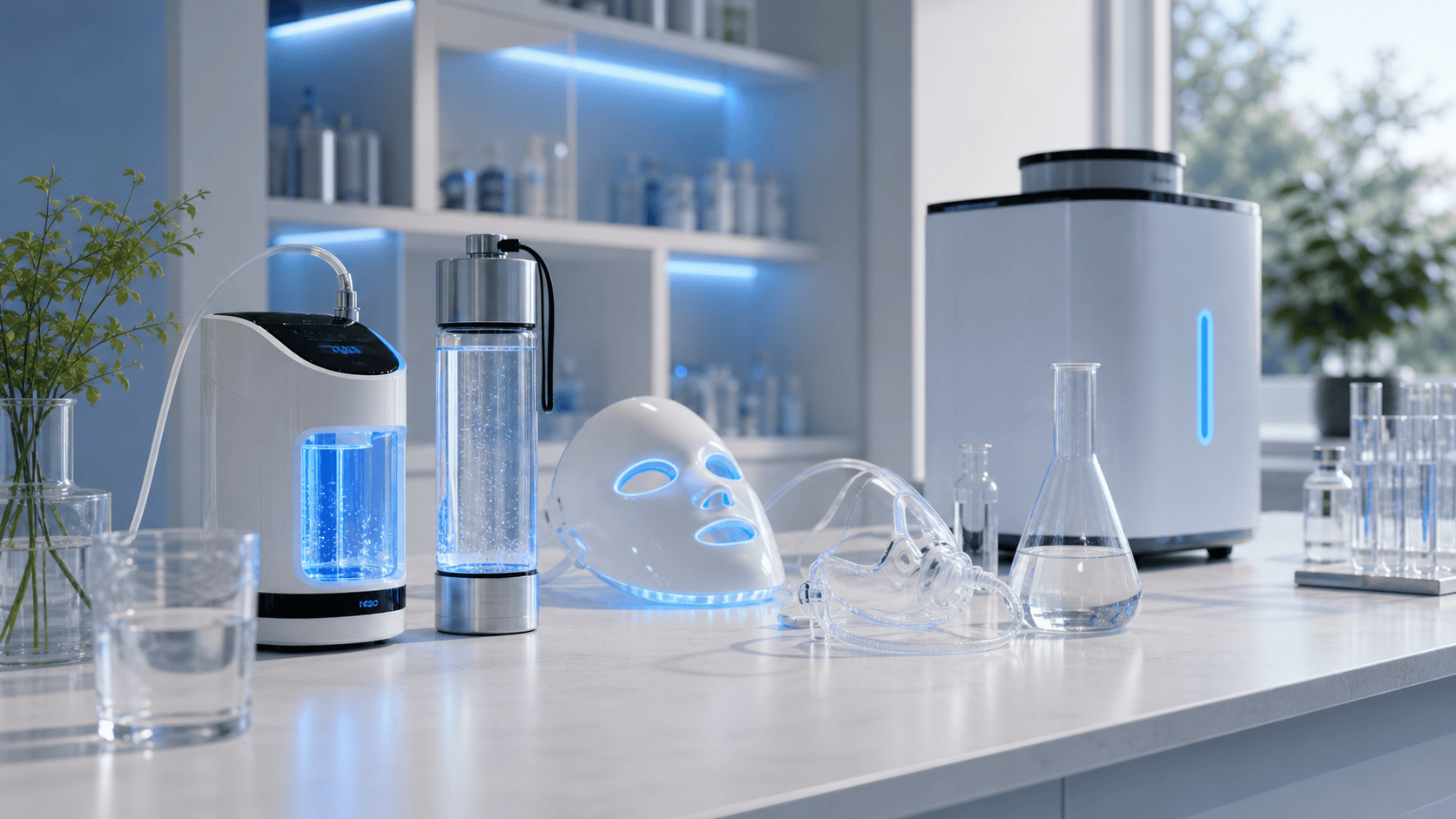 Urzadzenia wellness H2, butelka wodorowa, inhalator i generator wody w nowoczesnym laboratorium