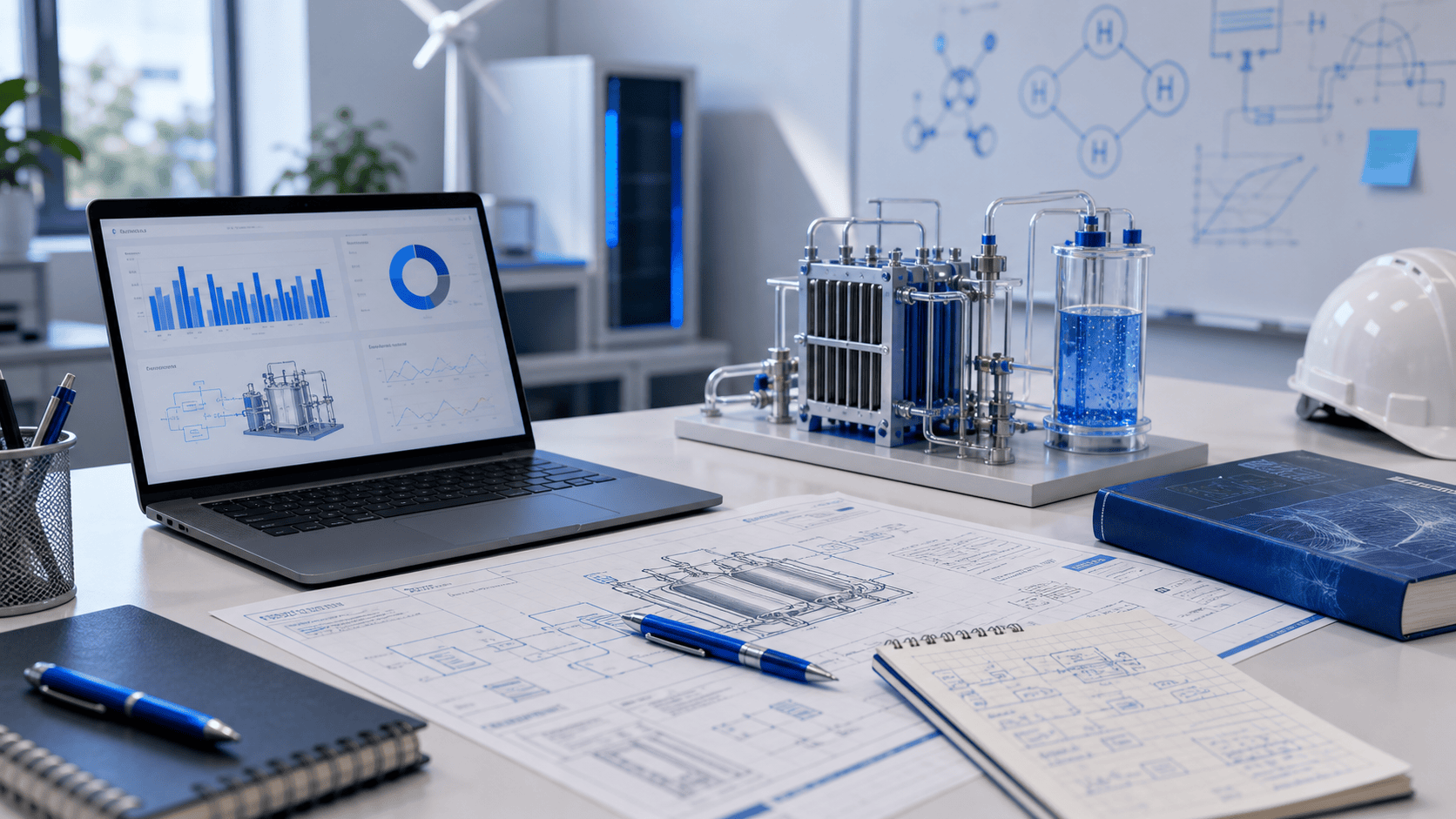 Biurko inżynierskie z notatkami, modelem urządzenia i materialami technicznymi