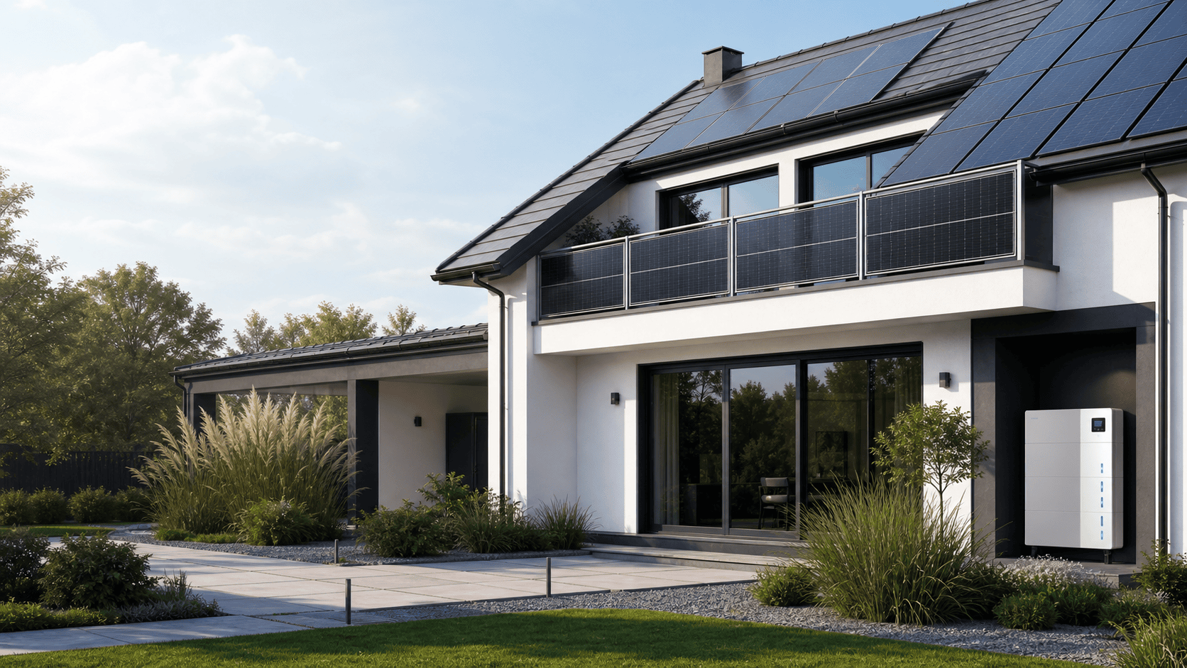 Nowoczesny dom z panelami fotowoltaicznymi, solar glass i elastycznymi perowskitami na balkonie